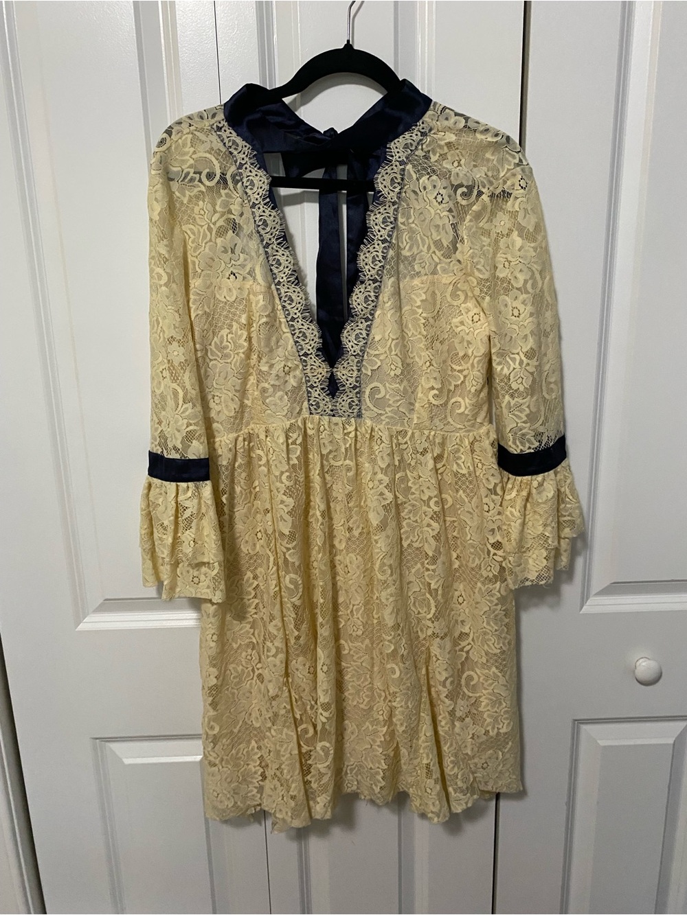 Free People Lace Deep V Dress with Navy Satin Trim